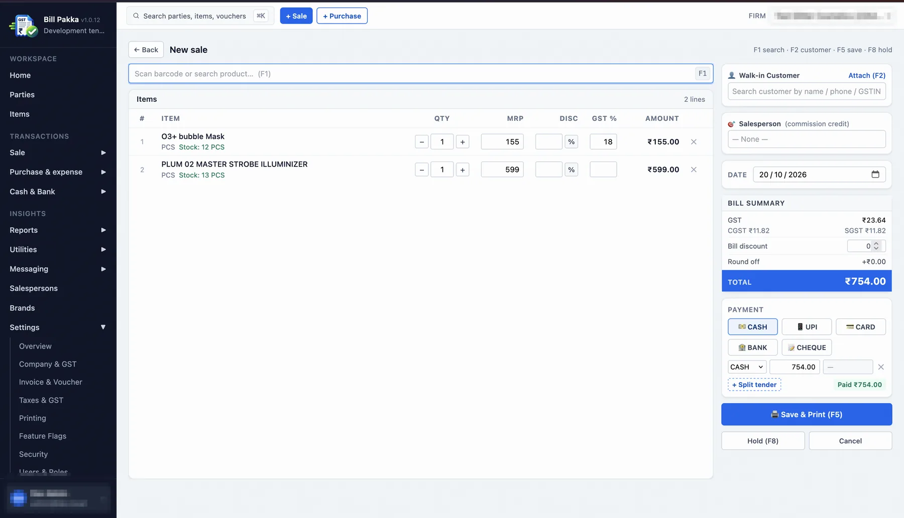 New sale screen with itemised bill, GST summary and payment options